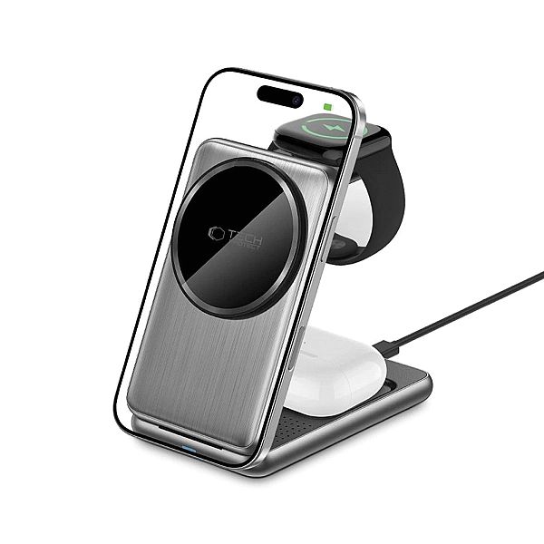 Ładowarka indukcyjna QI15W-A42/3w1 z MagSafe do urządzeń Appple - szar