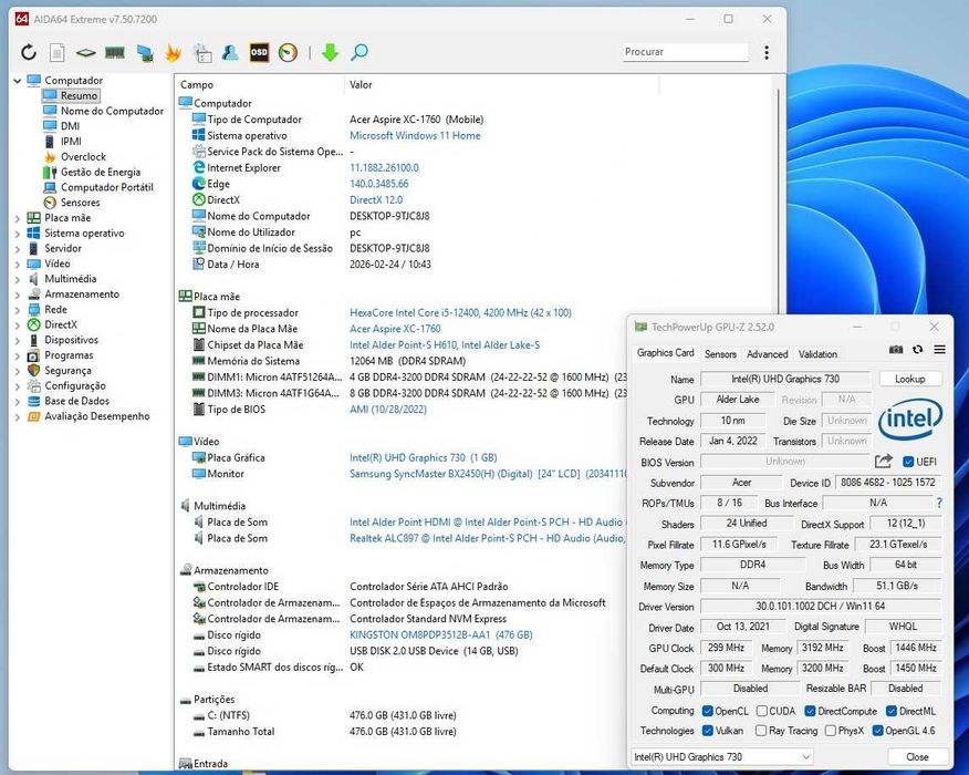 Torre Desktop Acer XC-1760 i5-12400