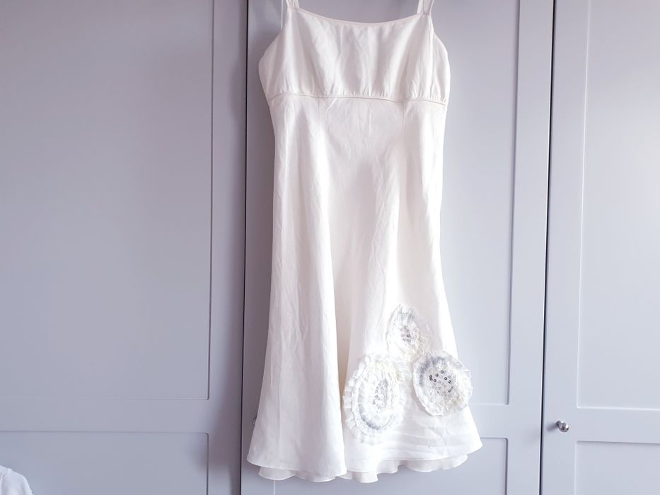 Kremowa lniana sukienka biala na ramiączkach 40 42 Rocha John Rocha