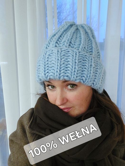 Czapka zimowa wełniana handmade baby blue błekitny niebieski