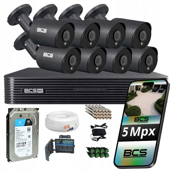 Monitoring analogowy BCS 8 czarnych kamer 5 Mpx IR 40 m dysk HDD 1 TB