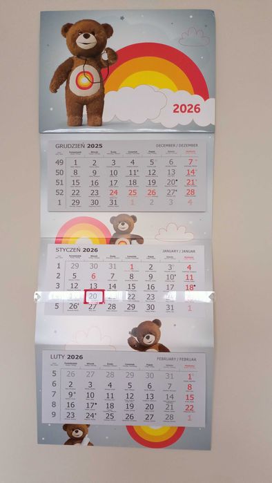 Kalendarz trójdzielny Miś na 2026 rok.