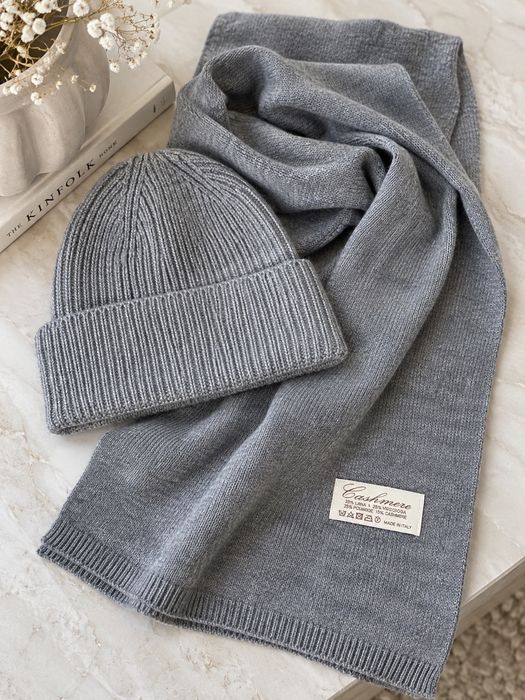 Komplet cashmere szalik czapka średni szary Grey wiskoza wełna kaszmir
