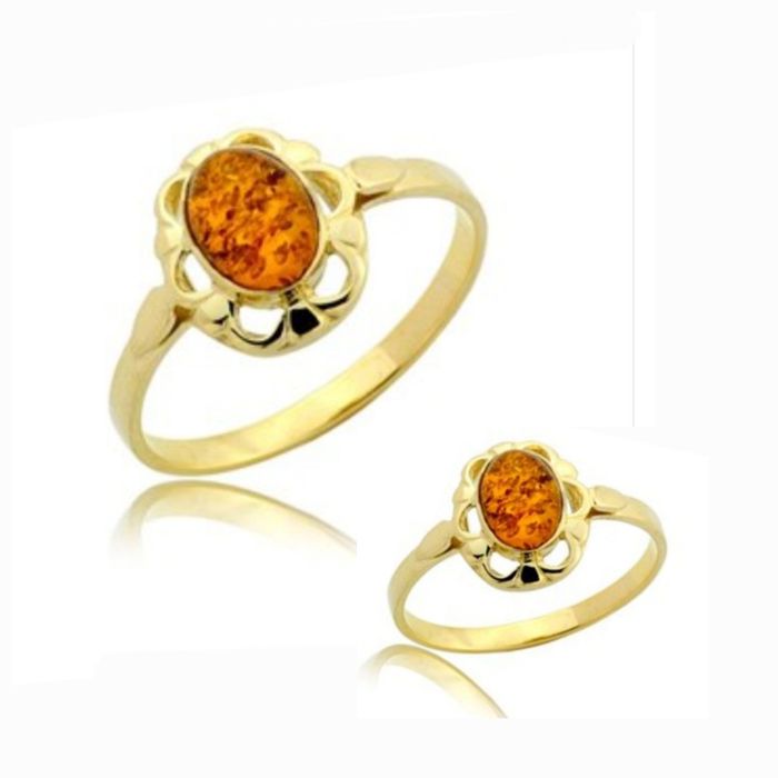 Złoty pierścionek 585 z bursztynem w ażurowej oprawie r 16