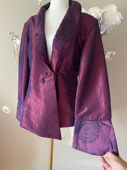 Elegancki azjatycki żakiet asymetryczny orientalny śliwkowy vintage XL