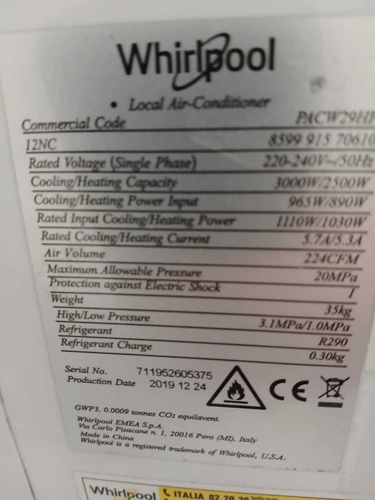 Ar condicionado da Whirlpool portatil Quente/Frio/Desomidificador