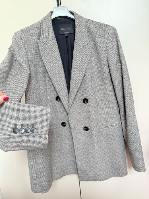 Massimo Dutti Wełniana marynarka żakiet w pepitkę Szara 40L