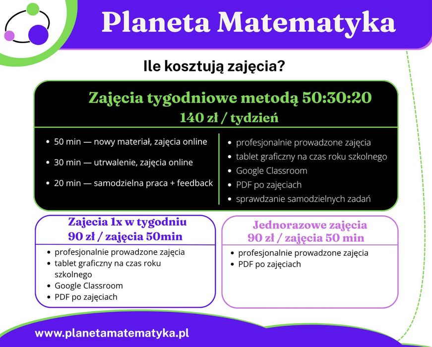 Matematyka online - szkoła podstawowa, liceum, technikum, E8, Matura | Metoda 50:30:20