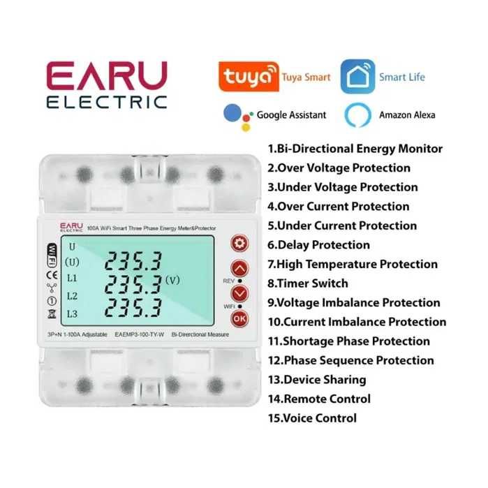 Трифазний розумний двонаправлений лічильник 380 В. 100А.Tuya SmartLife