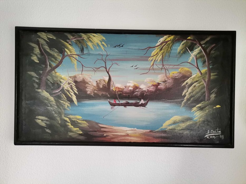 African Angolan painting on canvas: boat and nature by the lake