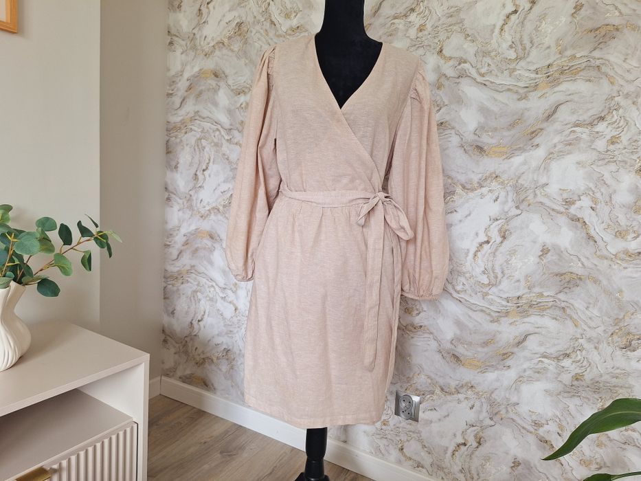 Sukienka letnia lniana H&M Linen wiązana dekolt koperta boho rękaw puf