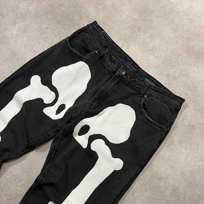 Spodnie Jeansy Skeleton Custom Hand Made Denim Pants Y2K Trendy Swag