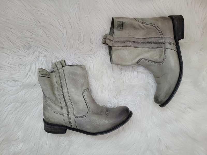 Szare, skórzane buty / botki / workery na niskim obcasie, Wojas, 36
