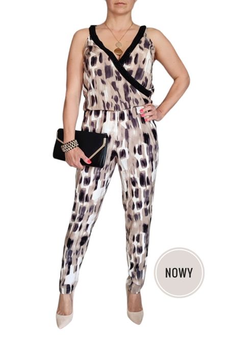 Anna Scott S Nowy kombinezon letni długi w panterkę z koralikami