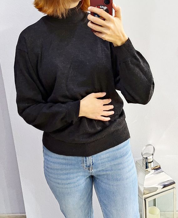 Sweter wełniany 100% wełna czarny melanż golf z wełny rozmiar L