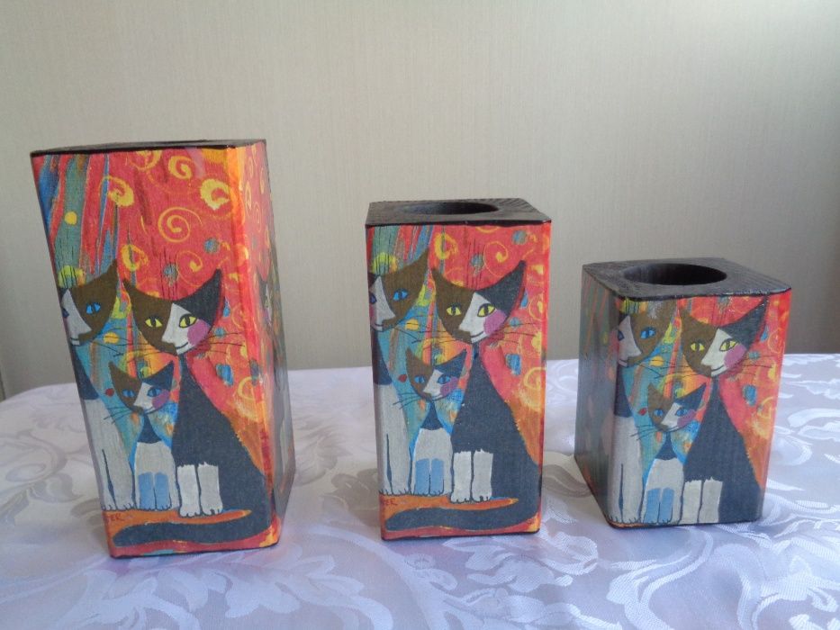 decoupage świeczniki trzy sztuki koty prezent urodziny Święta