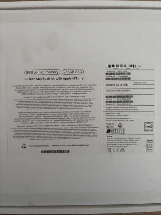 Apple MacBook Air 13” M3 2024 (A3113) | Kondycja 99% | GWARANCJA 06.2026