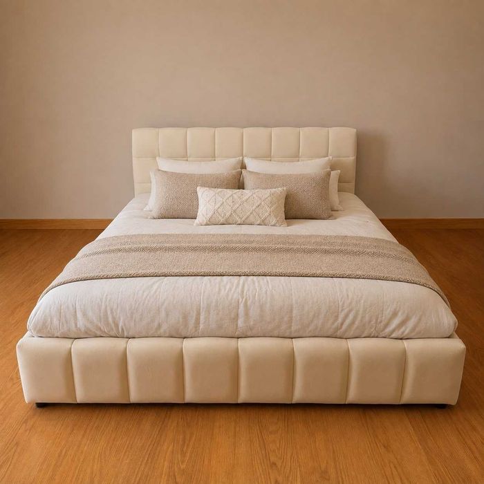 Cama de casal bege de veludo 140x200cm c/armazenamento (Nova)