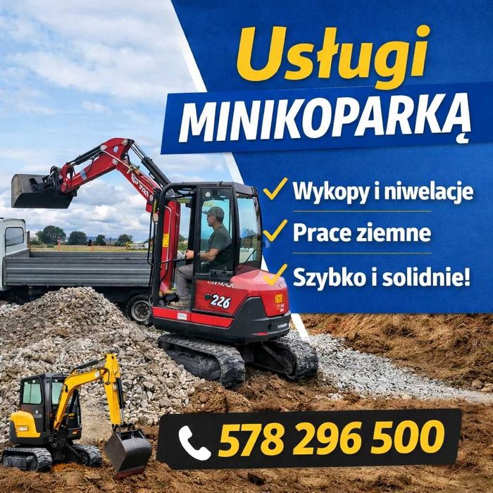 Minikoparka Usługi minikoparką z operatorem, Transport, roboty ziemne