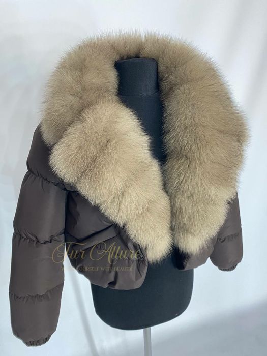 Жіночий короткий шоколадний пуховик з натуральним хутром песця 42-54 р