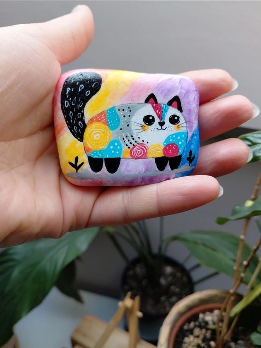 Malowany kamień, Rękodzieło, Kot, Kotek