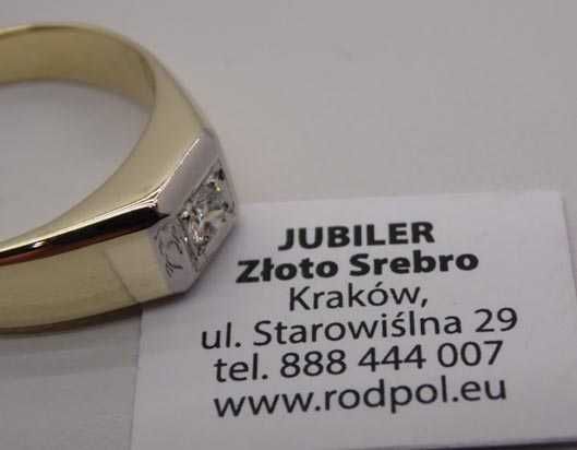 Złoty dwukolorowy sygnet z diamentem brylant 0,15 ct.