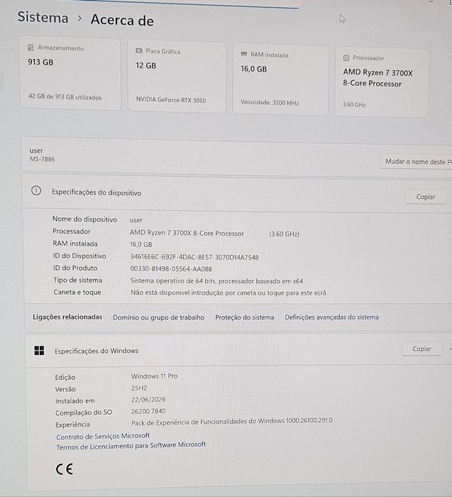 PC Gaming Ryzen 7 3700X + RTX 3060 12GB + 16GB 3200MHz + SSD 1TB
