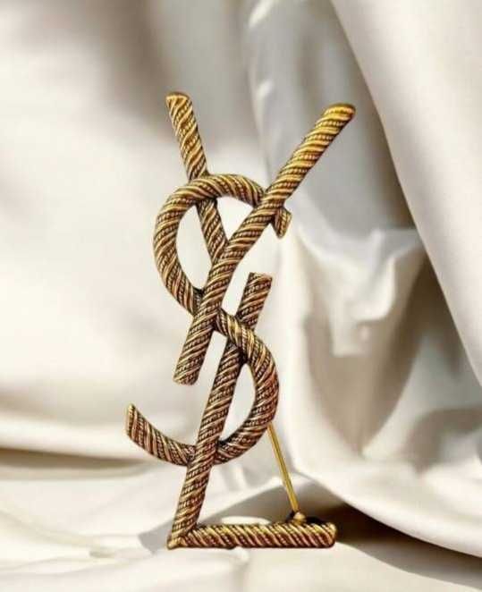 Oryginalna broszka YSL Saint Laurent ZŁOTY Broszka z logo Prezent