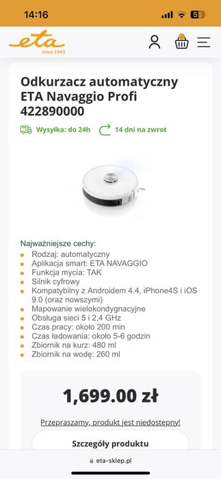 Odkurzacz automatyczny robot sprzatajacy ETA Navaggio jak Roomba