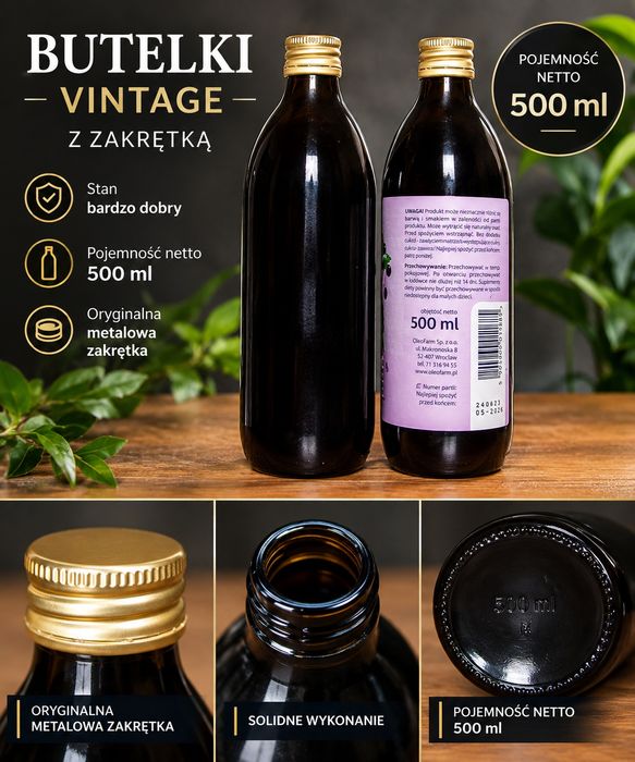 Vintage butelki na przetwory retro 500ml ciemne szkło apteczne