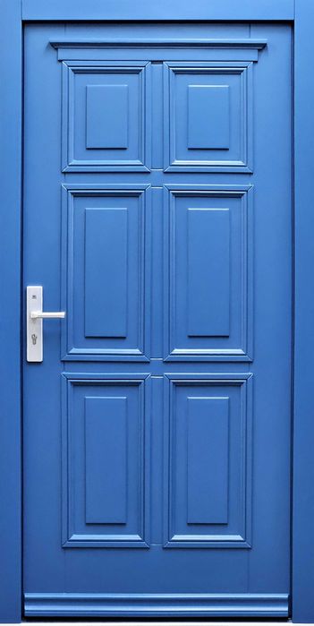 Drzwi DŁUGOSZ zewnętrzne drewniane wejściowe niebieski RAL5009 GOTOWE