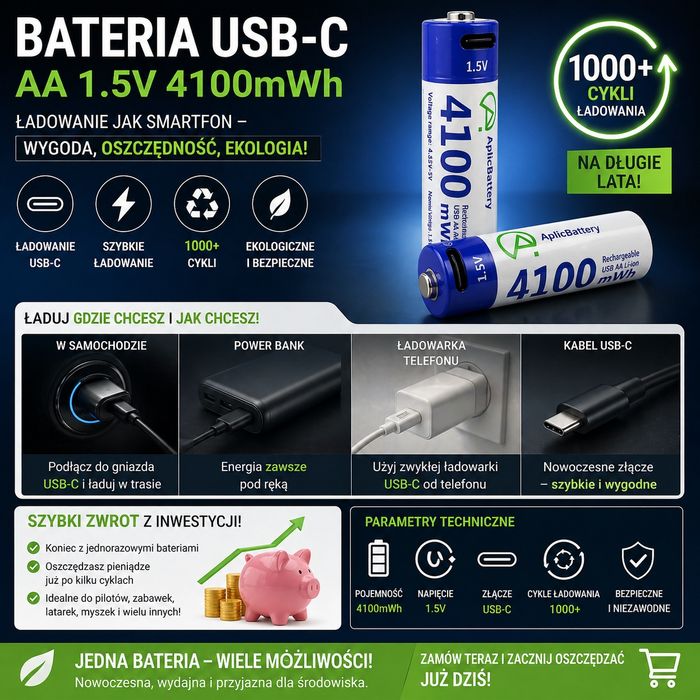 Akumulatorki 1,5V (2 szt.)Aplic 4100 mWh ładowane przez USB