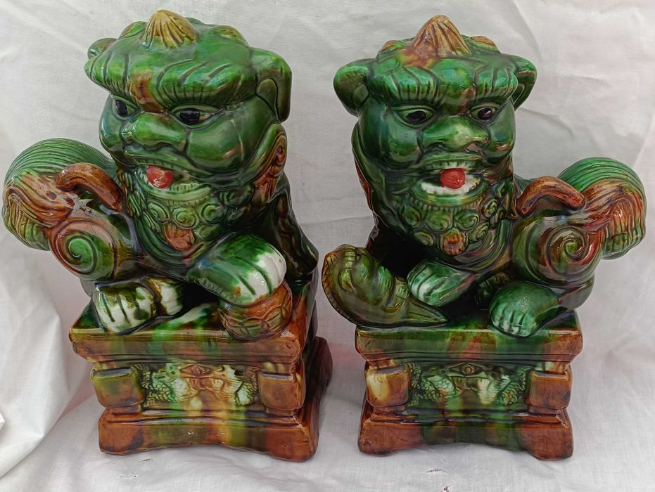 Leões Foo antigos Terracota Vidrada