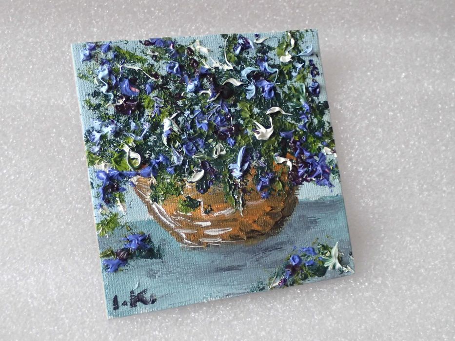 BUKIET KWIATÓW obrazek olejny 9x9cm miniatura płótno magnes unikat