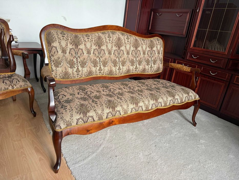 Stylowy komplet wypoczynkowy: Sofa, 2 Fotele, 2 Podnóżki | Vintage / Retro / Ludwik