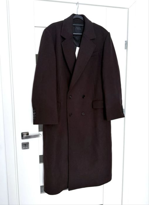 Czekoladowy, brązowy, gruby płaszcz winter coat oversize wełniany wełna wool Zara M