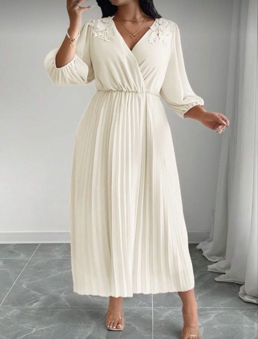 Sukienka damska 3/4 rękaw kremowa morelowa plisowana midi elegancka XL