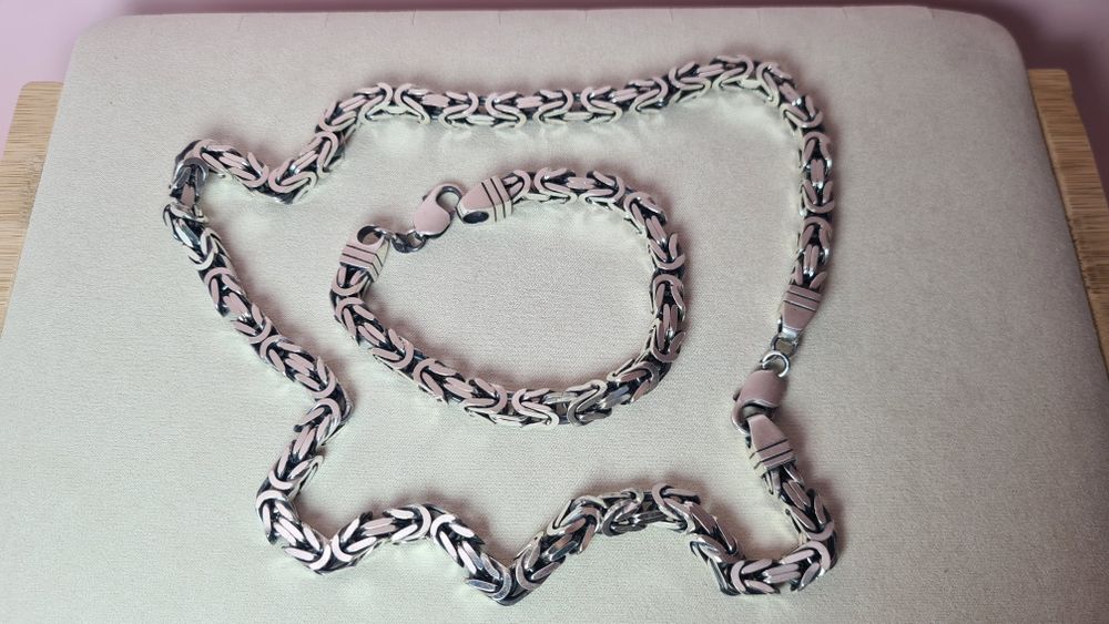 Srebrny rodowany komplet łańcuszek bransoletka królewski bizantyjski