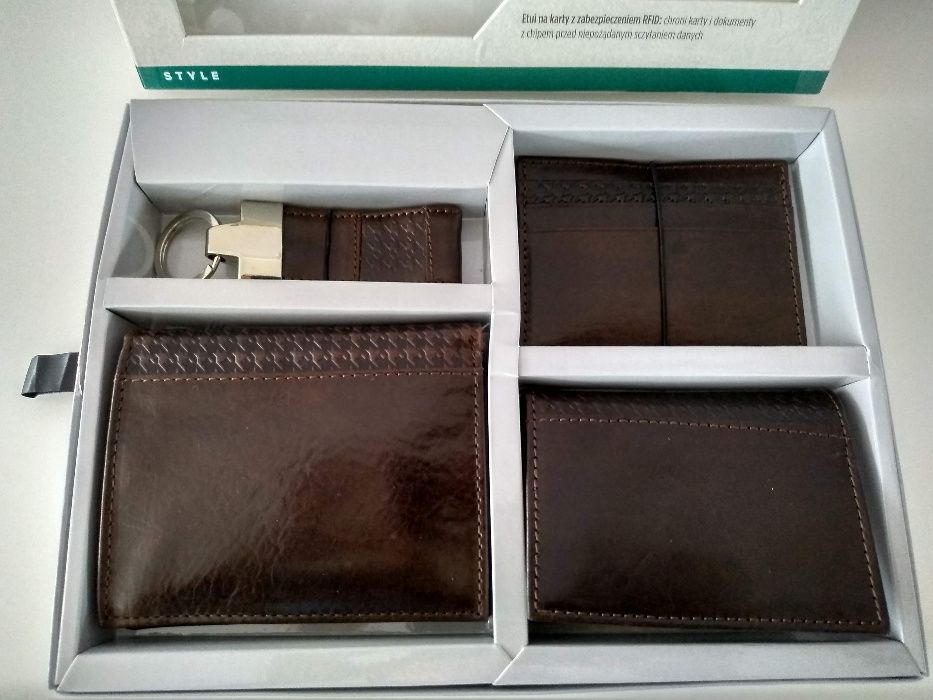NOWY Zestaw: portfel, etui na karty (RFID), brelok, okładka na karty