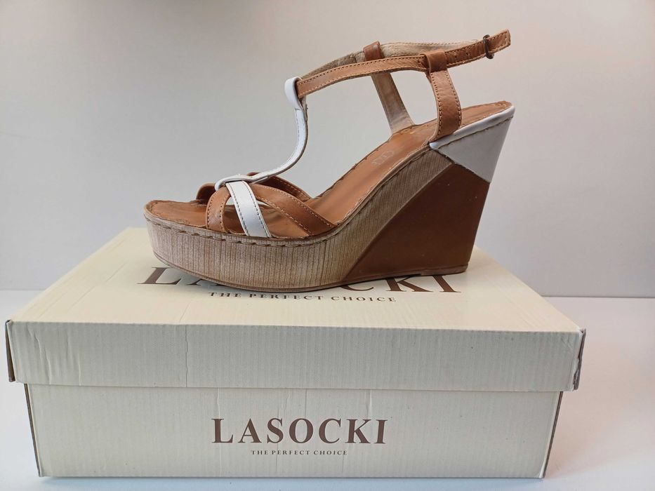 LASOCKI sandały klapki r. 39-40 skóra _ koturn platforma słupek