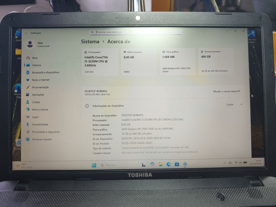 Toshiba Satellite Pro C850 – Performance e Fiabilidade (Pronto a Trabalhar!)