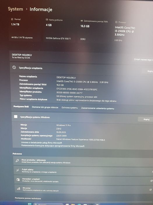 Komputer gemingowy Windows 11  256 SSD Nvidia GTX 1050i z monitorem