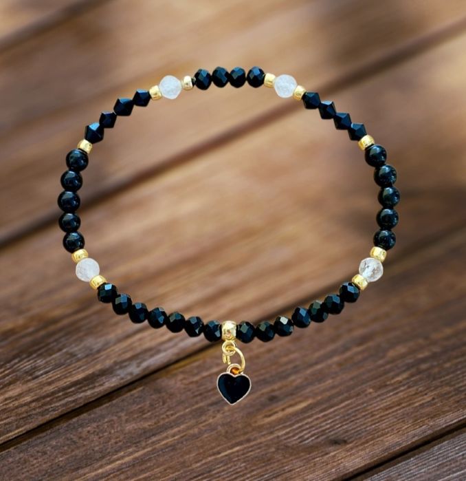 Bransoletka koraliki kryształ górski czarno złota zawieszka serce