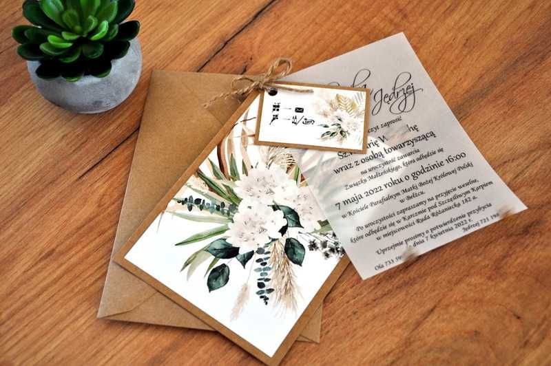 Zaproszenie, kalka, na podkładach, Boho, Rustykalne Trawy, Ślub