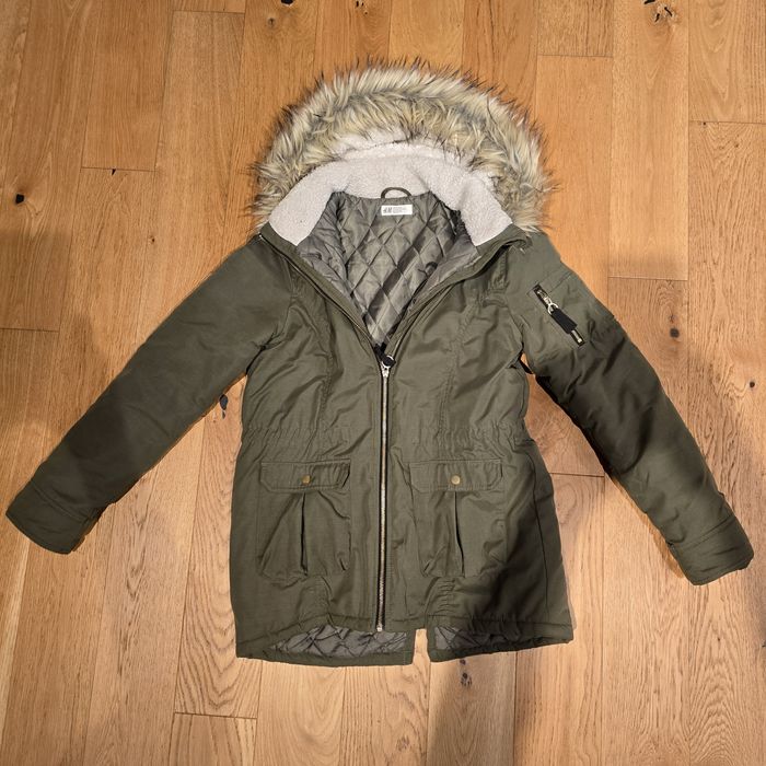 Kurtka parka dziewczęca H&M 164 zimowa khaki z futerkiem