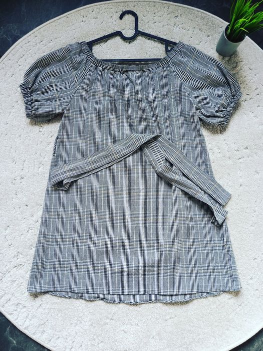 Zara Basic sukienka tunika w kratę, bufiaste rękawy, pasek w talii, zł