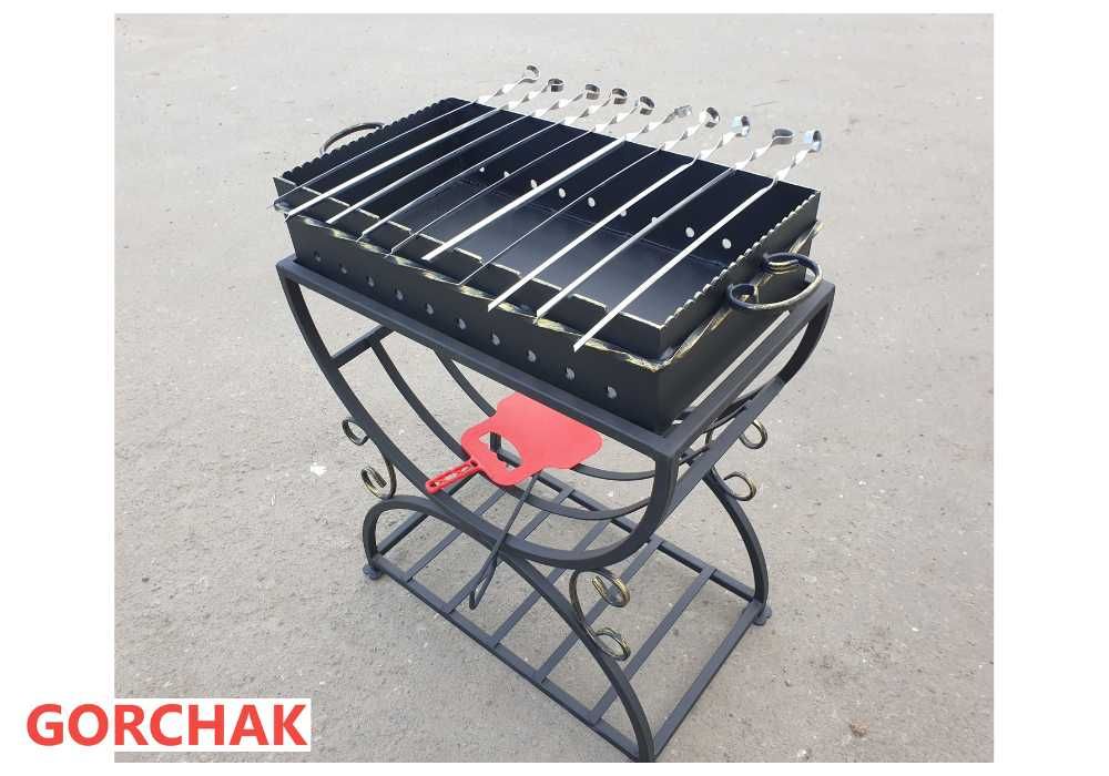 Мангал на 10 шампурів, сталь 2 мм, на радіусній стійці з дровницею