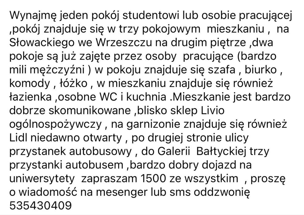 Wynajmę pokój preferowani studenci