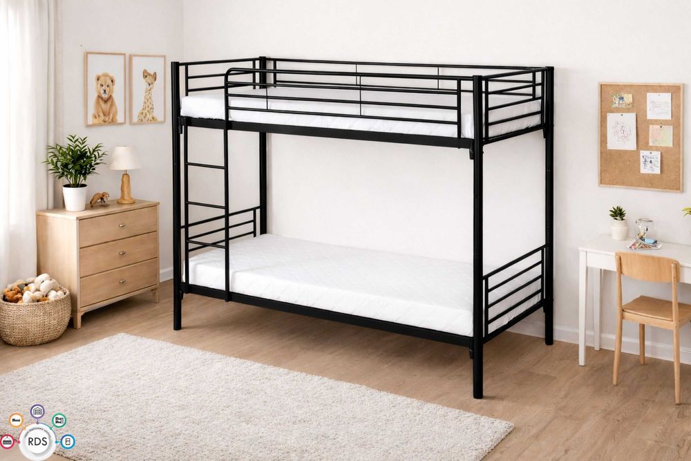 ŁÓŻKO PIĘTROWE metalowe ROZKŁADANE 2w1 90x200 cm + 2 MATERACE komplet