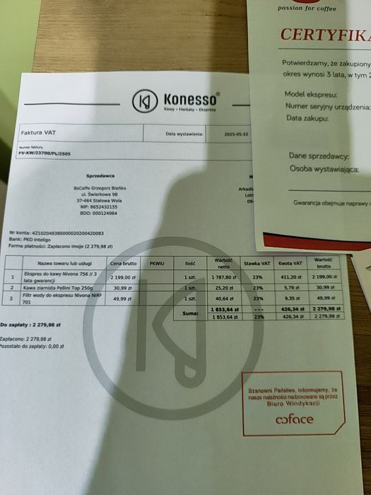 Ekspres Nivona Cafe Romantica 756 gwarancja